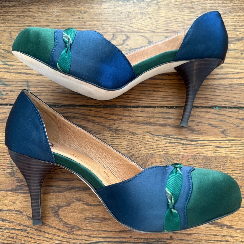 Anthropologie Lucky Penny Heeled Pumps NELLA SATIN HEEL ARGYLE NAVY/MARIN Heels